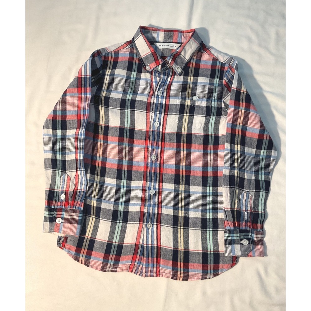 Janie and Jack Boys Red Navy Blue Plaid Linen Cotton Button Down Shirt Size 4
